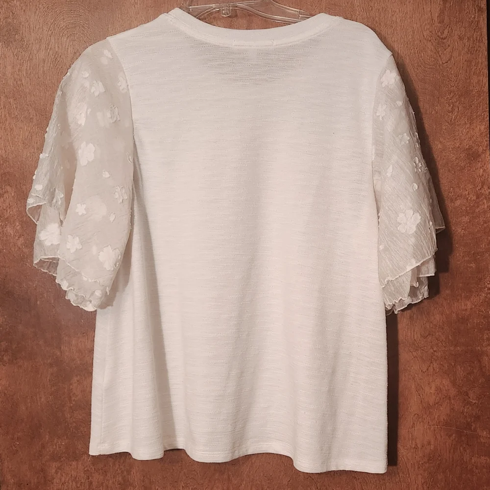 Anthropologie Eri and Ali Floral Sleeve Top White Women's Size Large